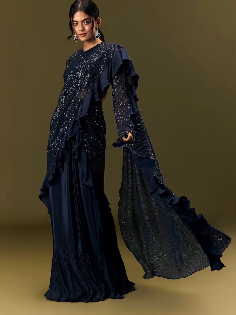 Navy Ruffled Sequin Evening Saree